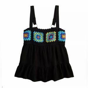 Kohl's Black Crochet Babydoll Tank Top with Rust Crochet Detail - NWT - S